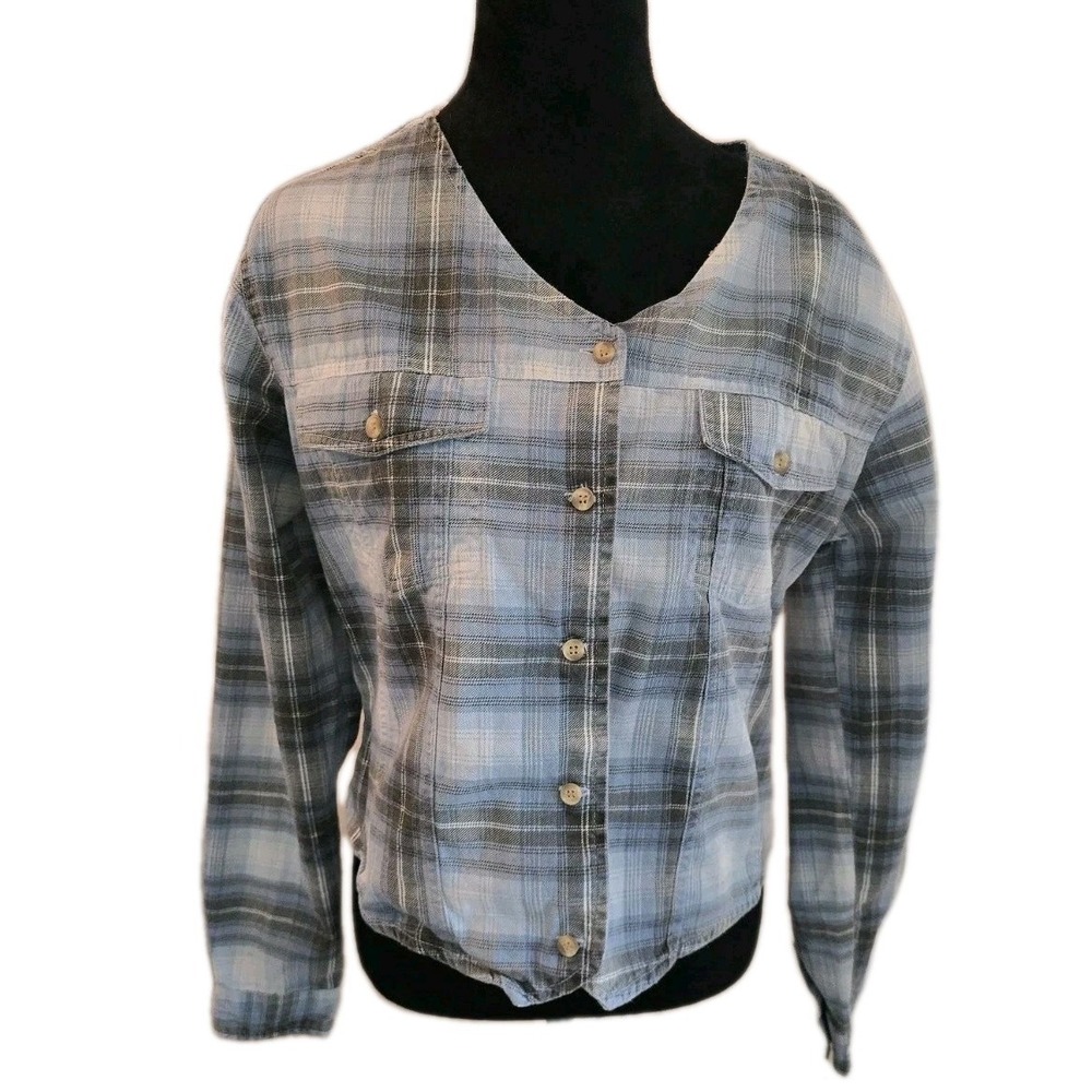 VTG Y2K 90s Andrews Blues Women's Plaid Flannel Shirt Blue Button Down SZ L Crop